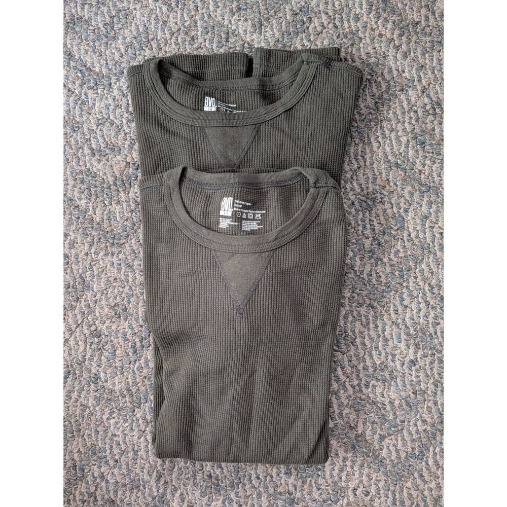 Lot of 2 BVD Mens Thermal Long Sleeve Shirts Olive Green Waffle Knit Cotton L